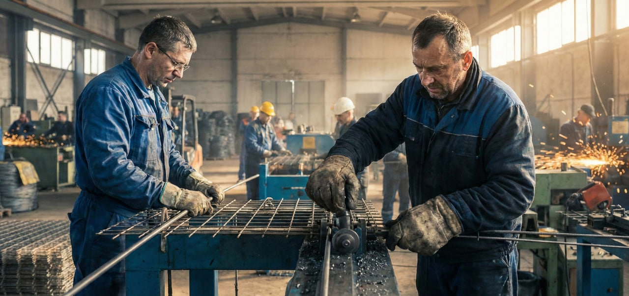 Два опытных рабочих изготавливают сварную сетку на производственном оборудовании