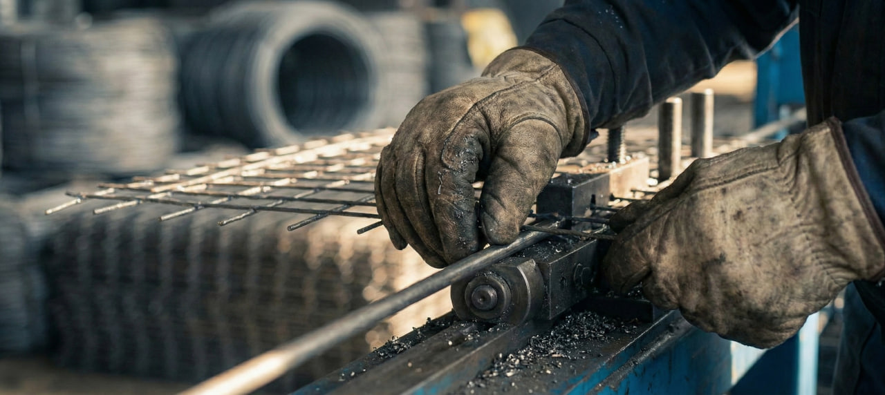 Процесс сварки арматурных каркасов — руки мастера в перчатках контролируют качество сварного соединения